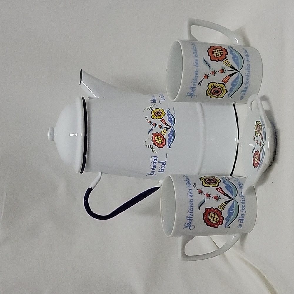 Enamel Coffee Pot with Floral Swedish Design, Stamped Made in Poland
